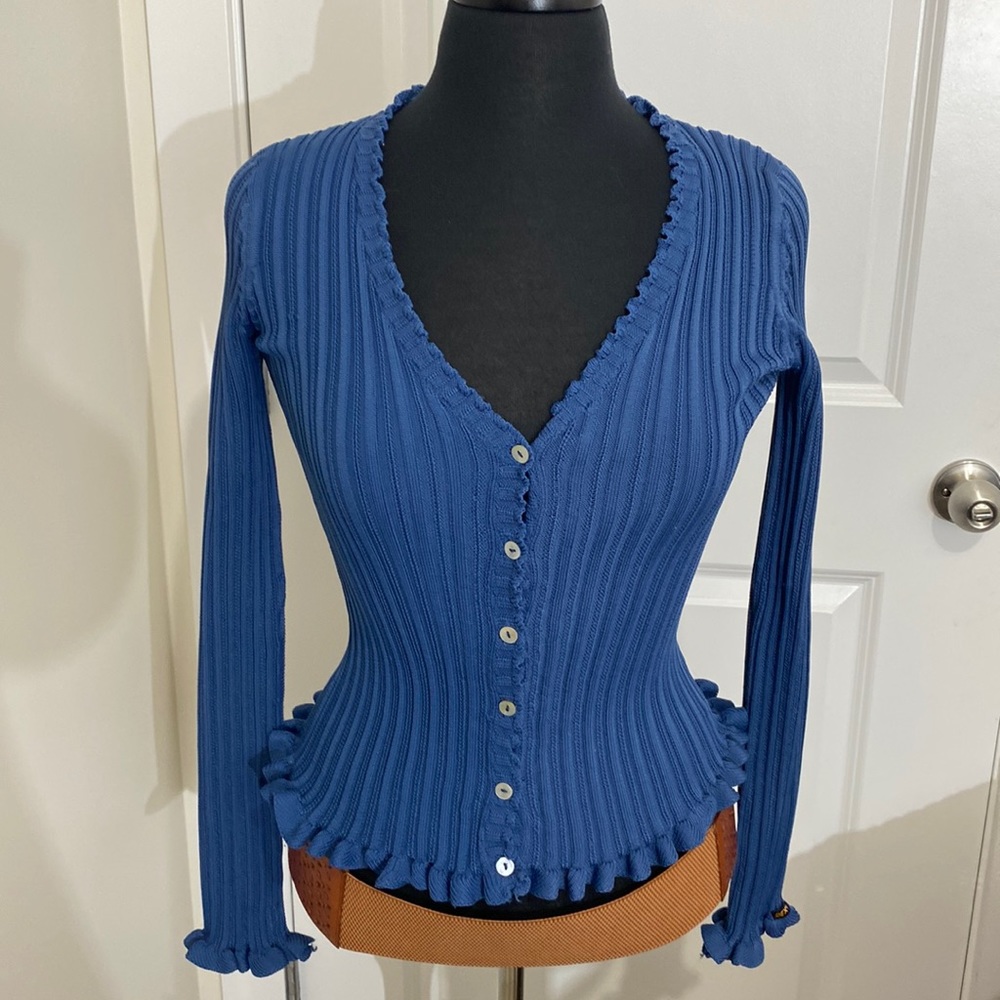 Dex Rib Knit Frill Trim Cardigan Button Up